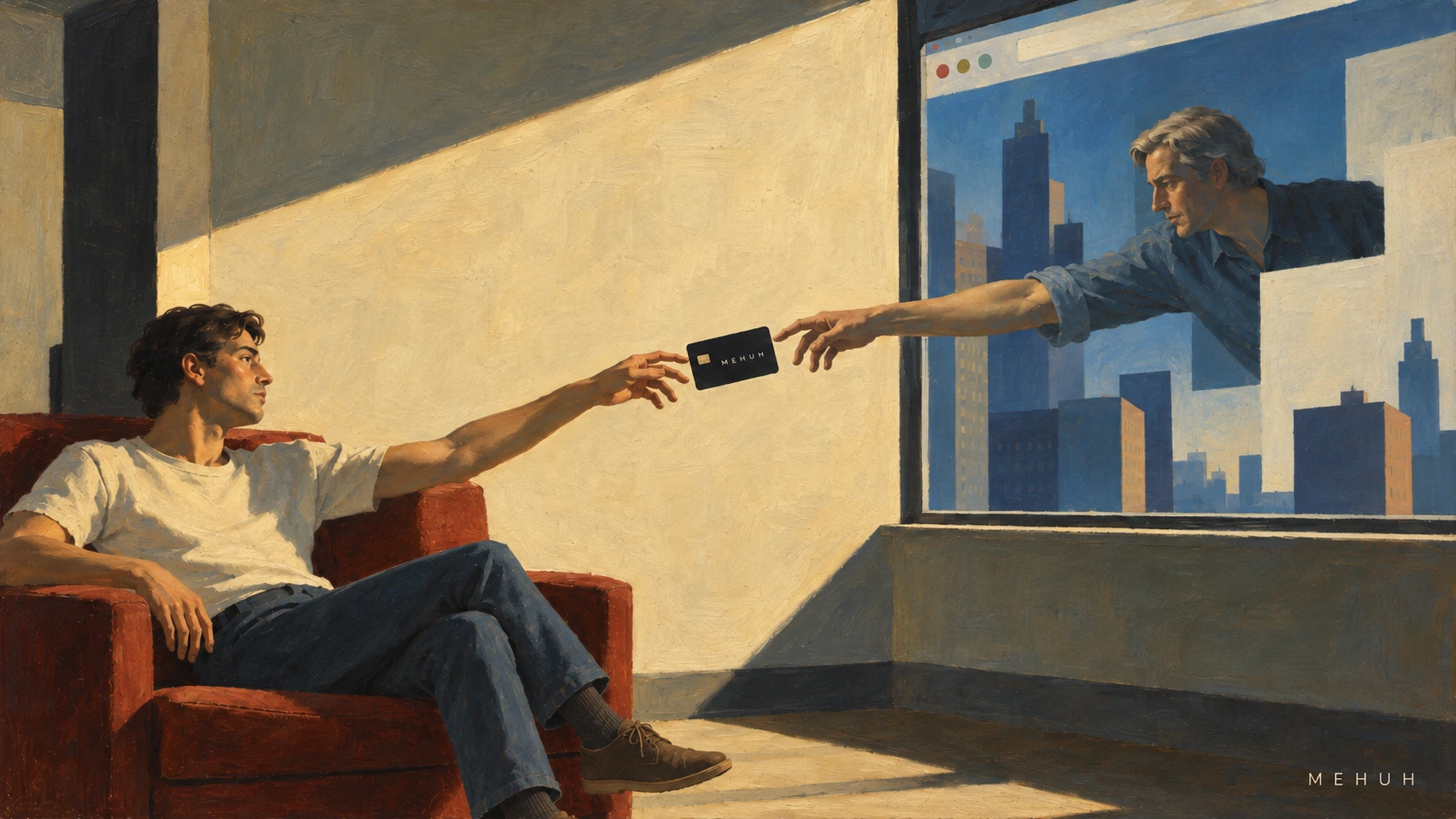 Two painted figures reach towards each other with a MEHUH card, in a warm interior.